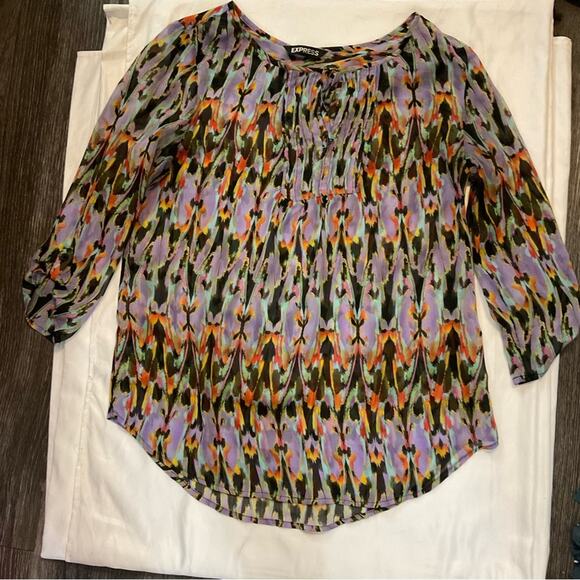 Express Sheer Printed 3/4 Sleeve Blouse with Front Tie S Dopamine Casual - Picture 3 of 12